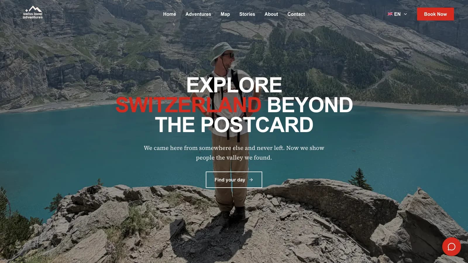 Swiss Local Adventures home page: "Explore Switzerland beyond the postcard" over a mountain lake, a Book Now button top right